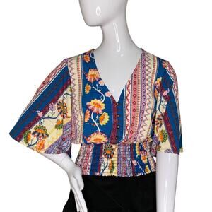 OLM Top V-Neck Floral Print Flared Short Sleeve Shirred Waistline Sz S